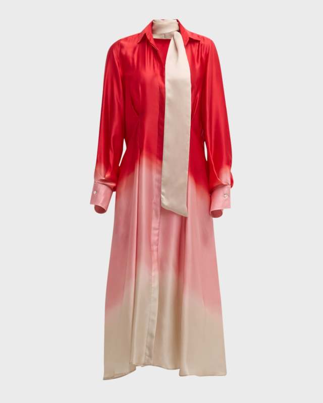 Ombre Silk Long-Sleeve Neck-Scarf Midi Shirtdress